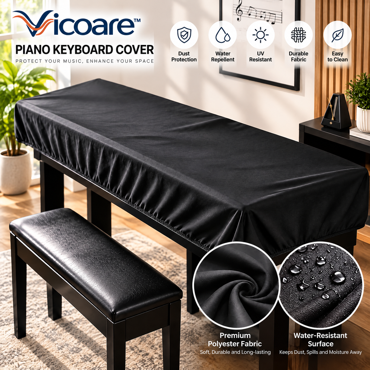 Vicoare™ Digital Piano & Keyboard Dust Cover – Stretch-Fit or Water-Resistant Protective Keyboard Cover for Home, Studio & Music Practice