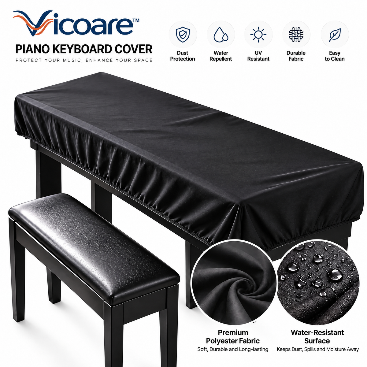 Vicoare™ Digital Piano & Keyboard Dust Cover – Stretch-Fit or Water-Resistant Protective Keyboard Cover for Home, Studio & Music Practice