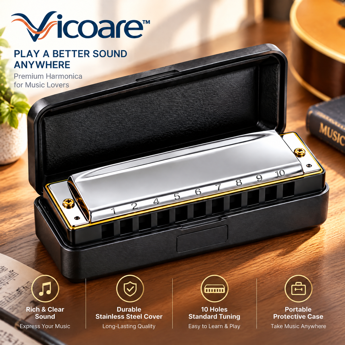 Vicoare™ 10-Hole Diatonic Harmonica with Protective Case – Portable Beginner-Friendly Mouth Organ for Blues, Folk, Country & Everyday Music Practice