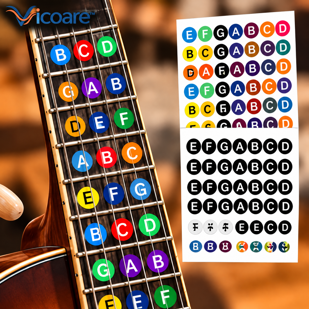 Vicoare™ Guitar & Ukulele Fretboard Note Stickers – Removable Musical Note Labels for Beginner Fingerboard Learning, Chord Practice & Music Education