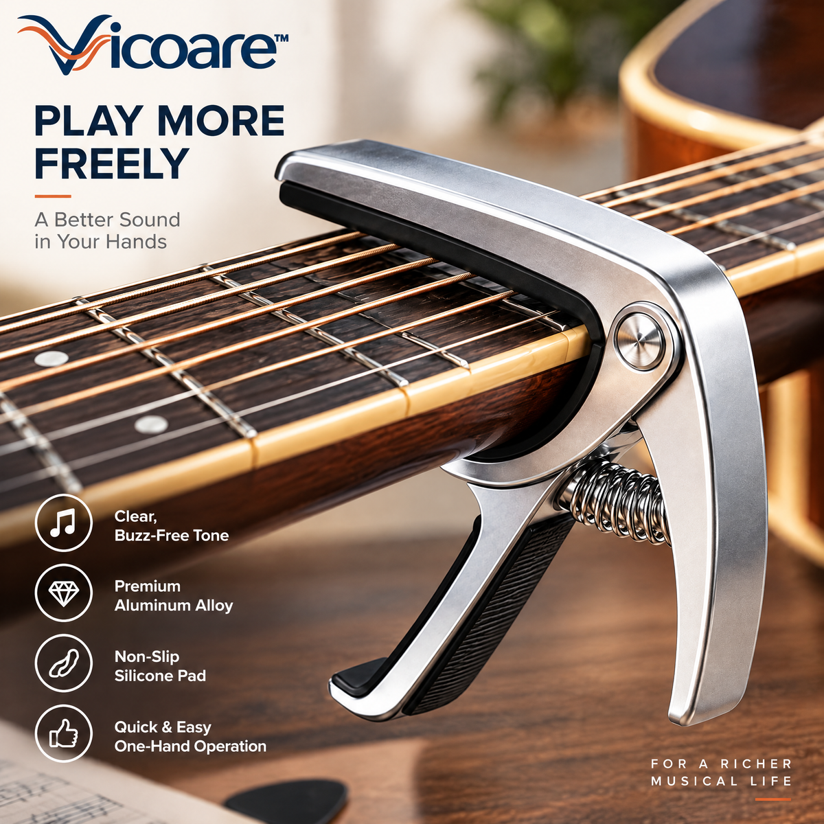 Vicoare™ Metal Guitar Capo – Quick-Release Zinc Alloy Capo for Acoustic & Electric Guitar, Easy Key Changes and Everyday Practice