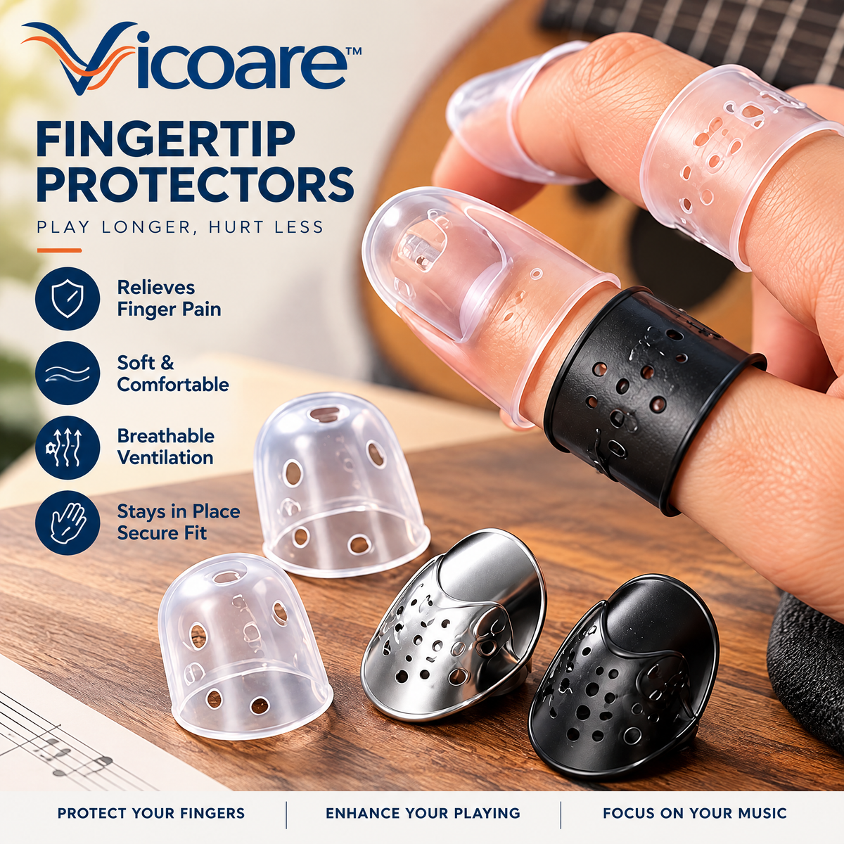 Vicoare™ Guitar Finger Protectors & Finger Picks – Silicone Fingertip Guards or Metal Fingerpicks for Guitar Practice and Fingerstyle Playing