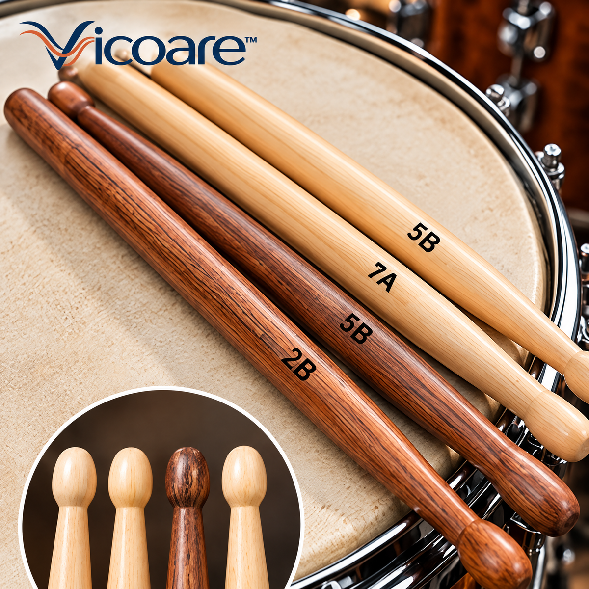 Vicoare™ Wooden Drumsticks – Maple or Hickory Drum Stick Pairs in Multiple Sizes for Drum Set Practice, Lessons & Live Performance