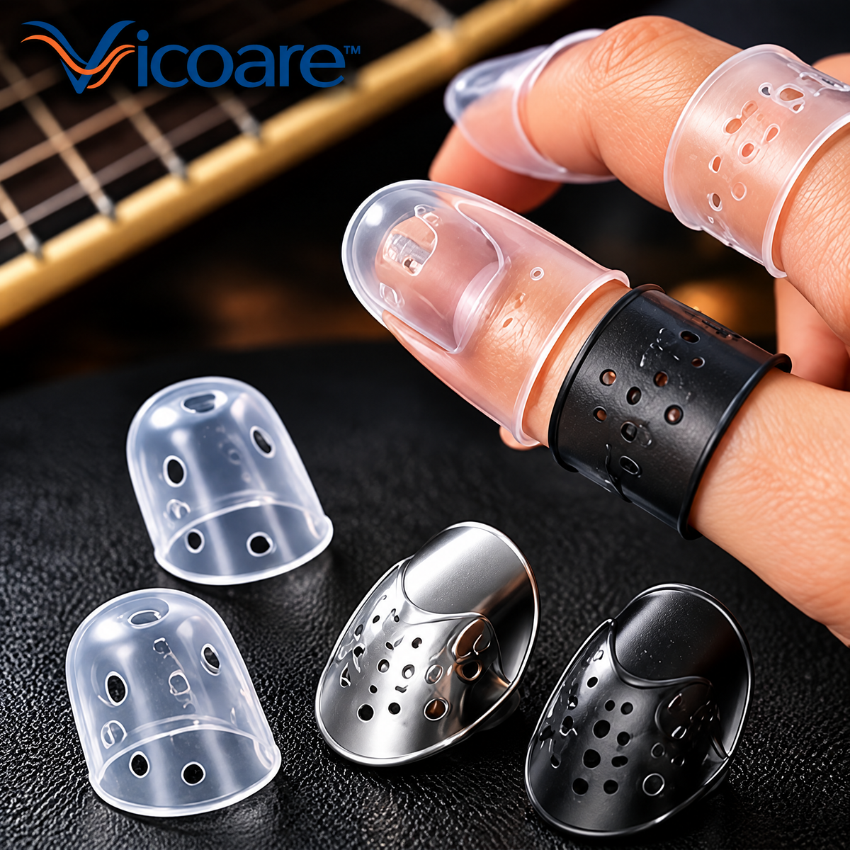 Vicoare™ Guitar Finger Protectors & Finger Picks – Silicone Fingertip Guards or Metal Fingerpicks for Guitar Practice and Fingerstyle Playing