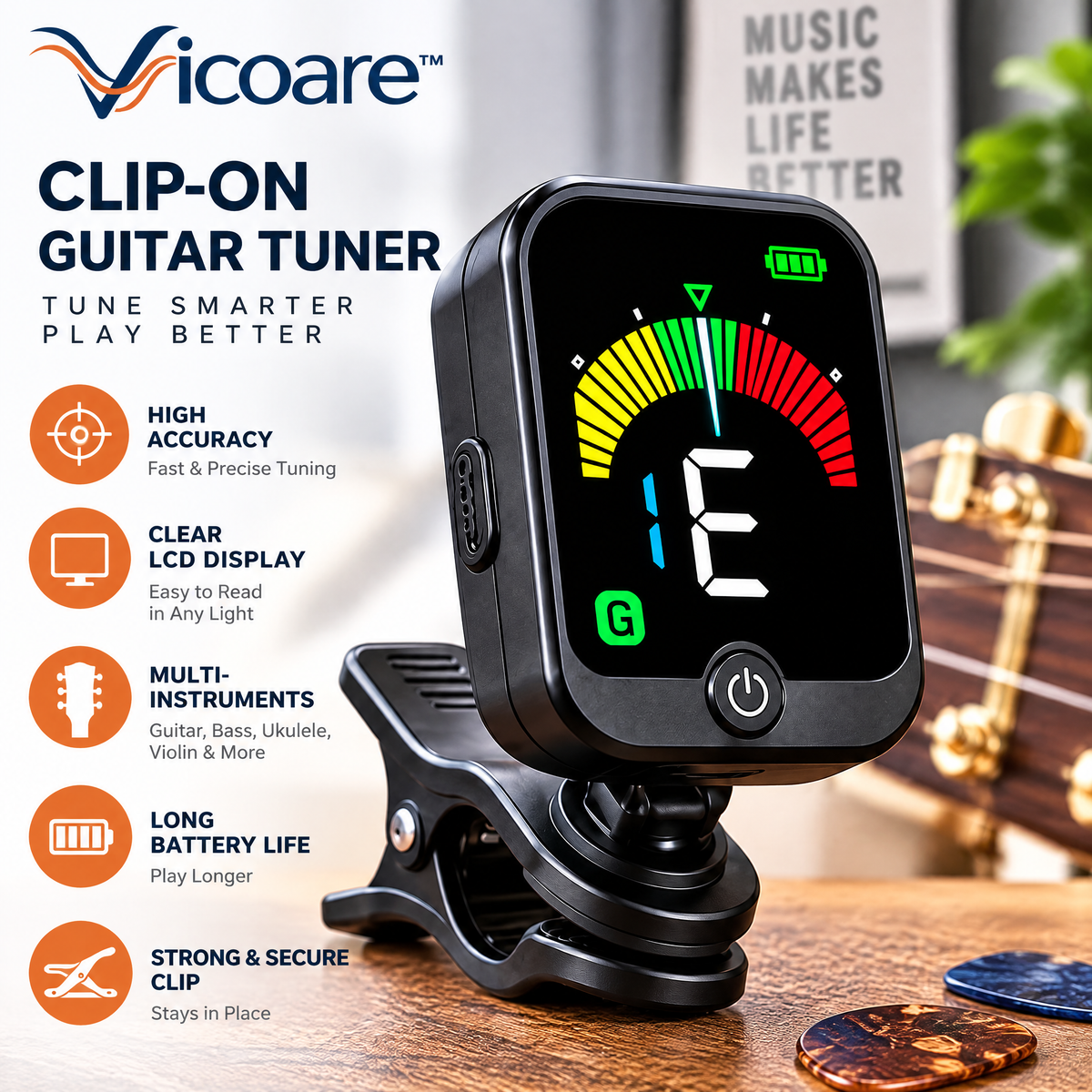 Vicoare™ Clip-On Digital Instrument Tuner – Portable Multi-Mode Tuning Device for Guitar, Bass, Ukulele & Compatible String Instruments