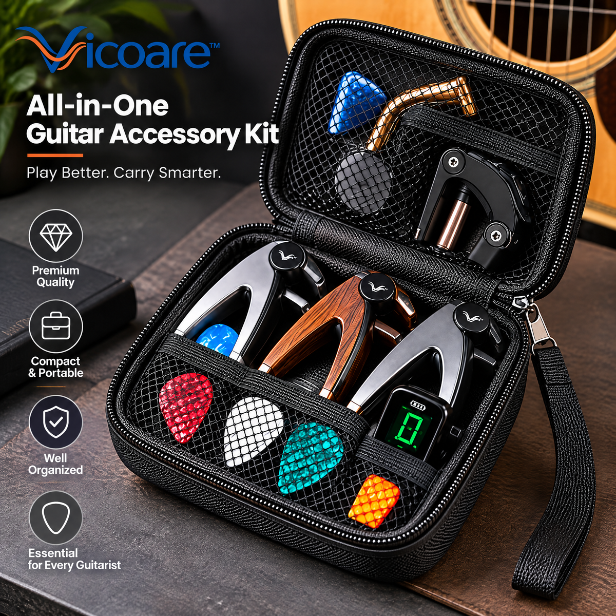 Vicoare™ Guitar Capo & Accessory Storage Pouch – Compact Protective Organizer Bag for Guitar Picks, Tuners, Small Music Tools & Ukulele Essentials