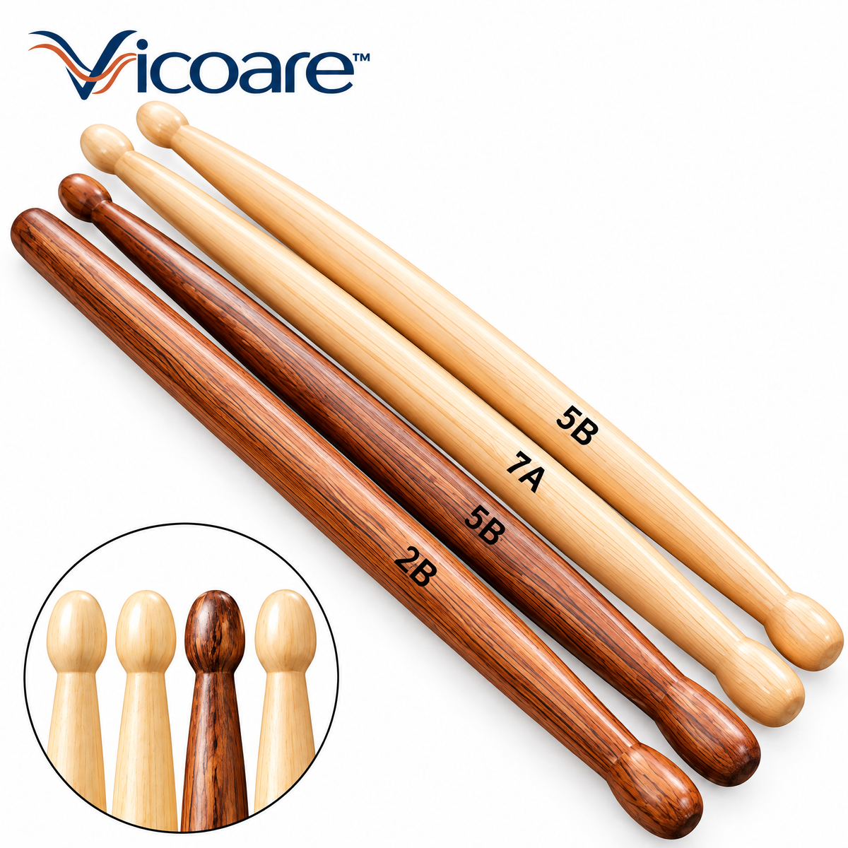 Vicoare™ Wooden Drumsticks – Maple or Hickory Drum Stick Pairs in Multiple Sizes for Drum Set Practice, Lessons & Live Performance