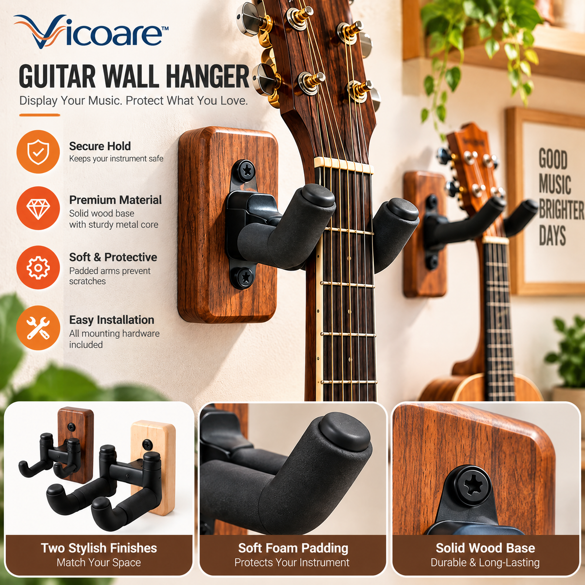 Vicoare™ Guitar & Ukulele Wall Mount Hanger – Space-Saving Instrument Holder with Metal or Wooden Design for Home, Studio & Music Room Display