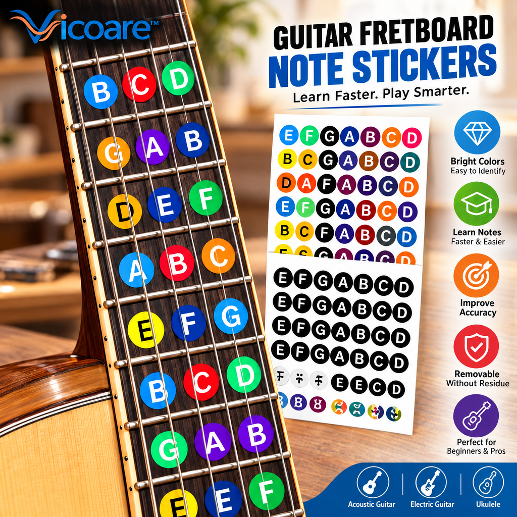 Vicoare™ Guitar & Ukulele Fretboard Note Stickers – Removable Musical Note Labels for Beginner Fingerboard Learning, Chord Practice & Music Education
