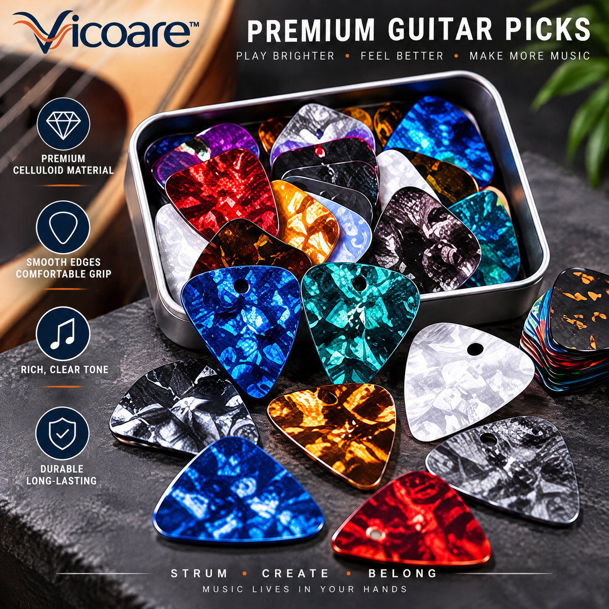Vicoare™ Multi-Thickness Guitar Picks Set – Assorted Guitar Plectrums for Acoustic, Electric & Bass Guitar Players