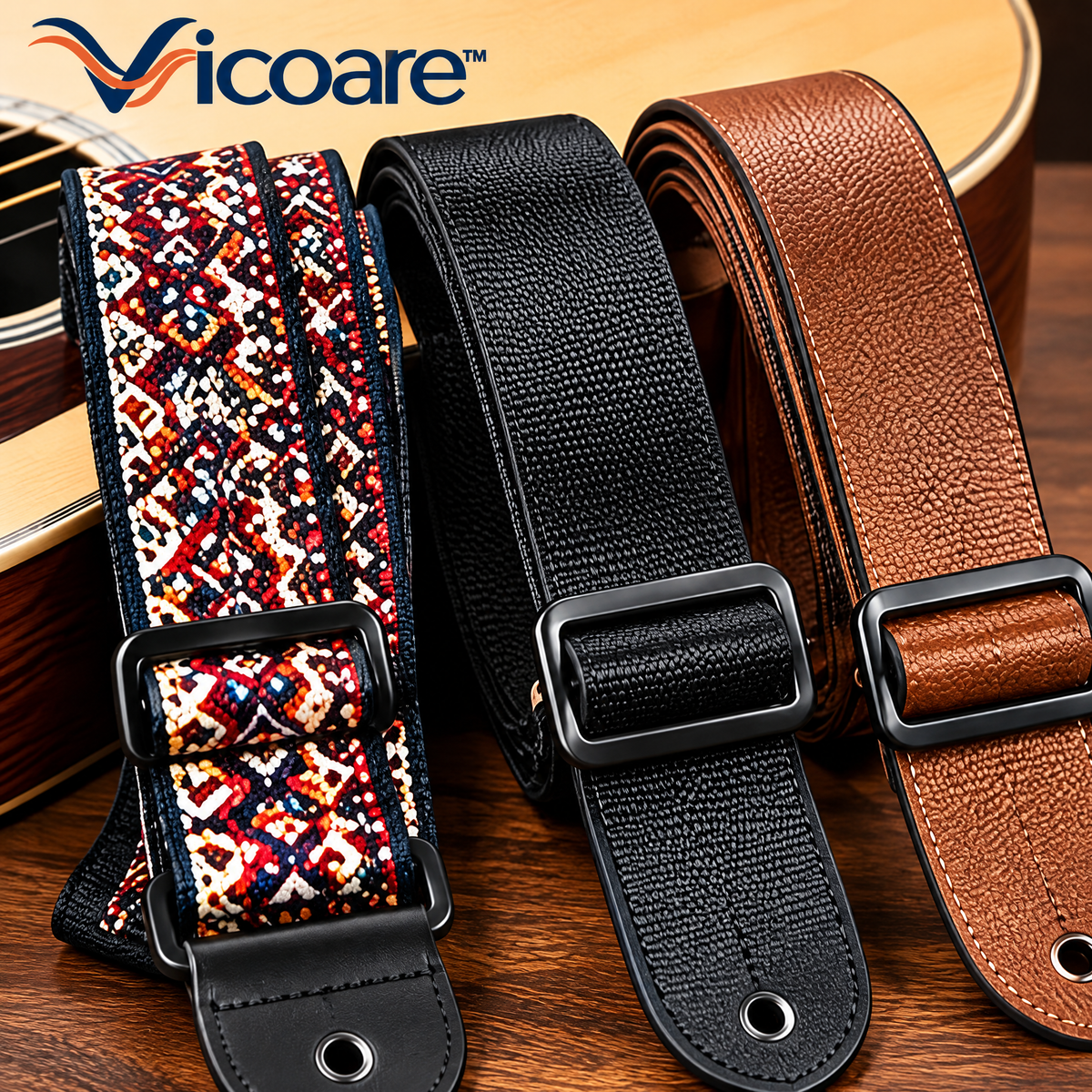 Vicoare™ Adjustable Guitar Strap – Comfortable Cotton or Leather Guitar Shoulder Strap with Optional Secure Locking Design