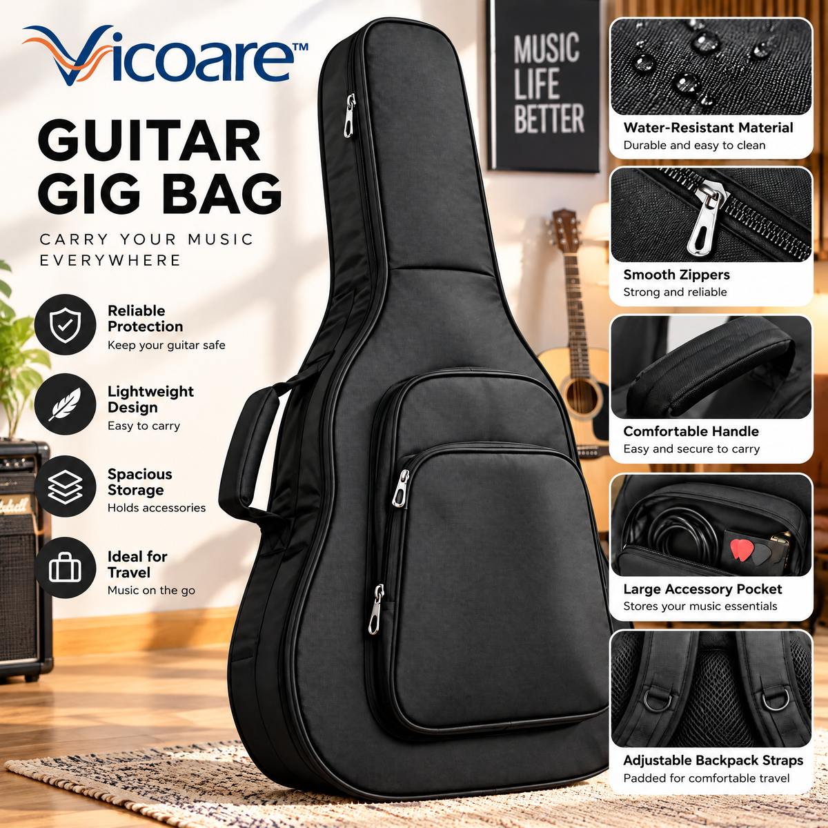 Vicoare™ Padded Musical Instrument Storage Bag – Water-Resistant Protective Carrying Case for Compatible Instruments & Music Accessories